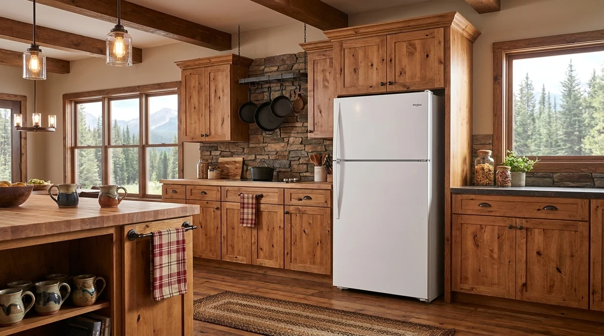 Whirlpool WRTX3019SW 30-inch white top-freezer refrigerator in a rustic lodge kitchen with exposed wood beams and mountain views