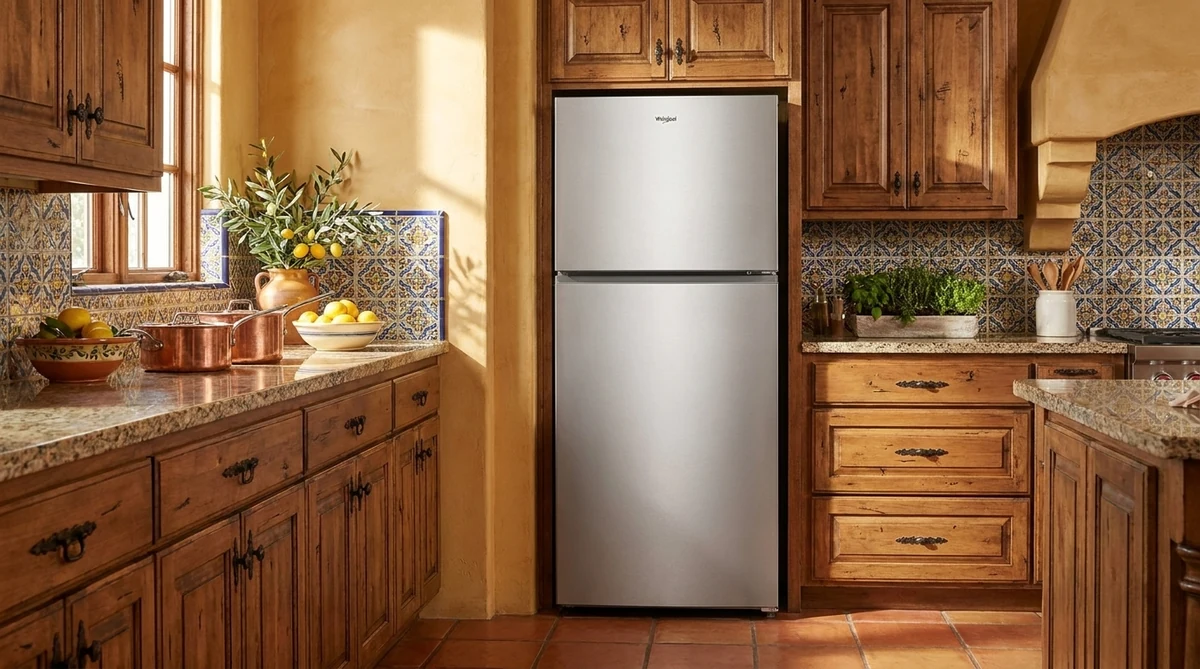 Whirlpool WRTX3119SZ 30-inch stainless steel top-freezer refrigerator in a warm Mediterranean kitchen with terra cotta tile