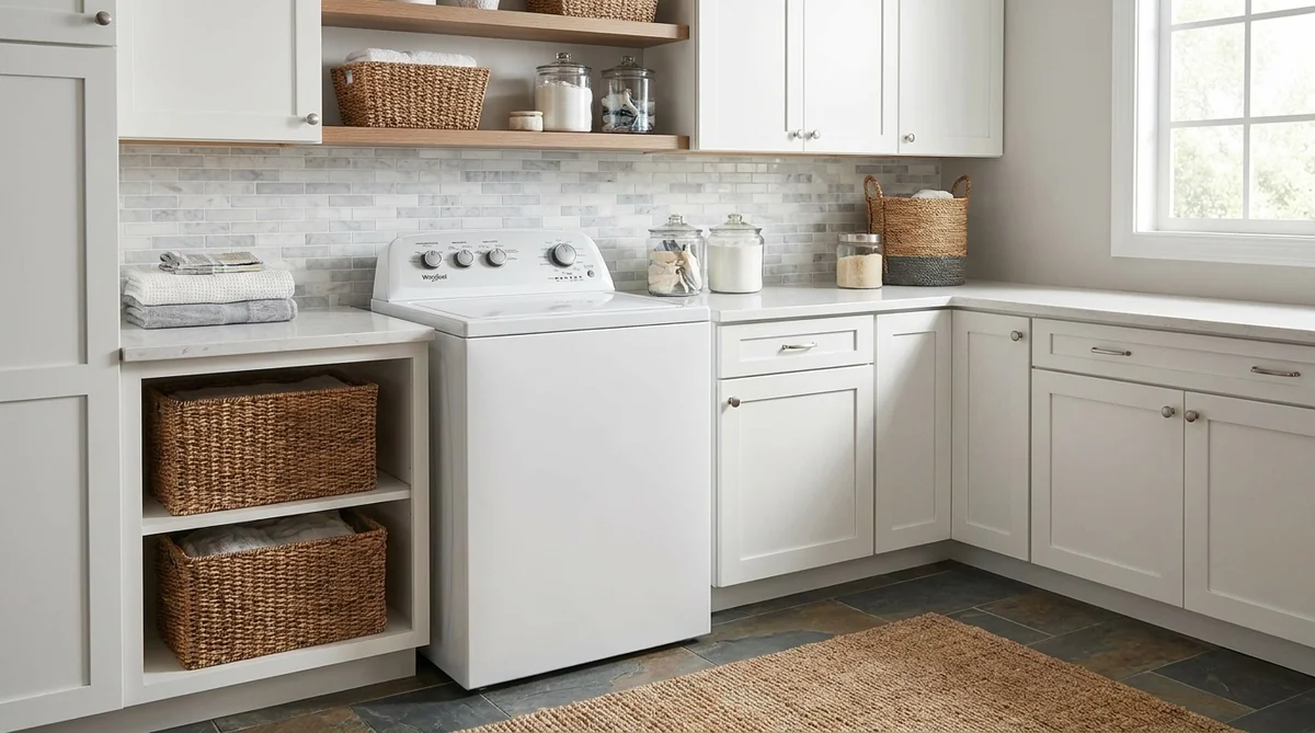Whirlpool WTW4850HW top-load impeller washer in a modern traditional laundry room with white shaker cabinets and marble tile backsplash