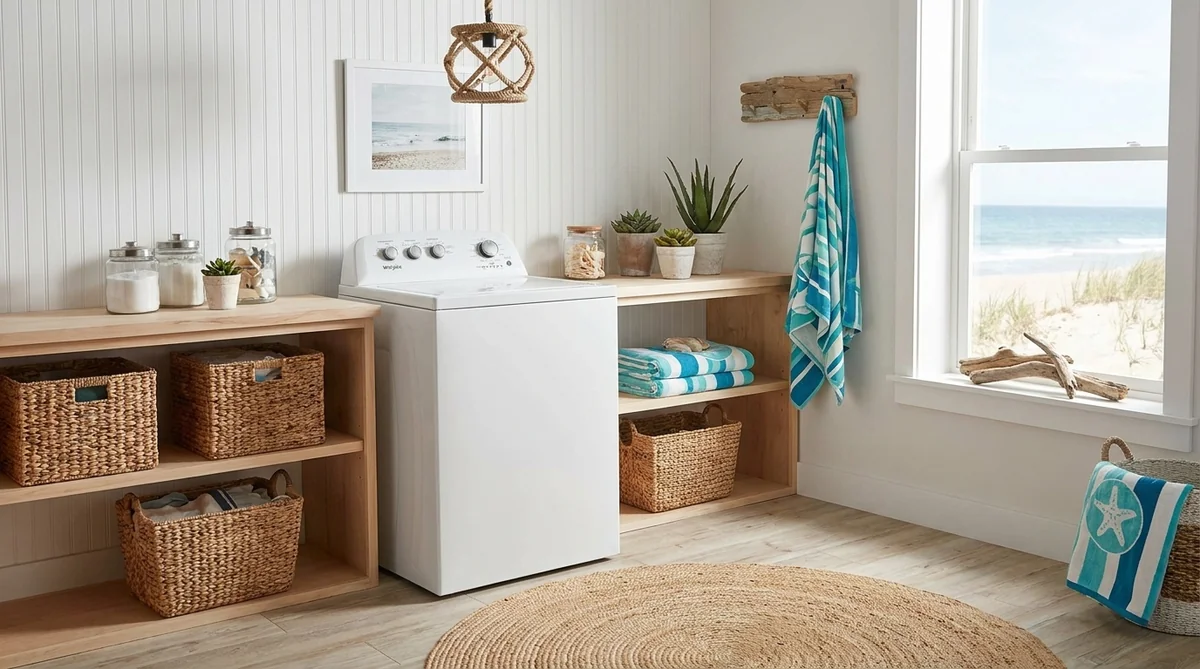 Whirlpool WTW4855HW top-load washer in a coastal laundry room with beadboard walls, rope pendant light, and ocean view window