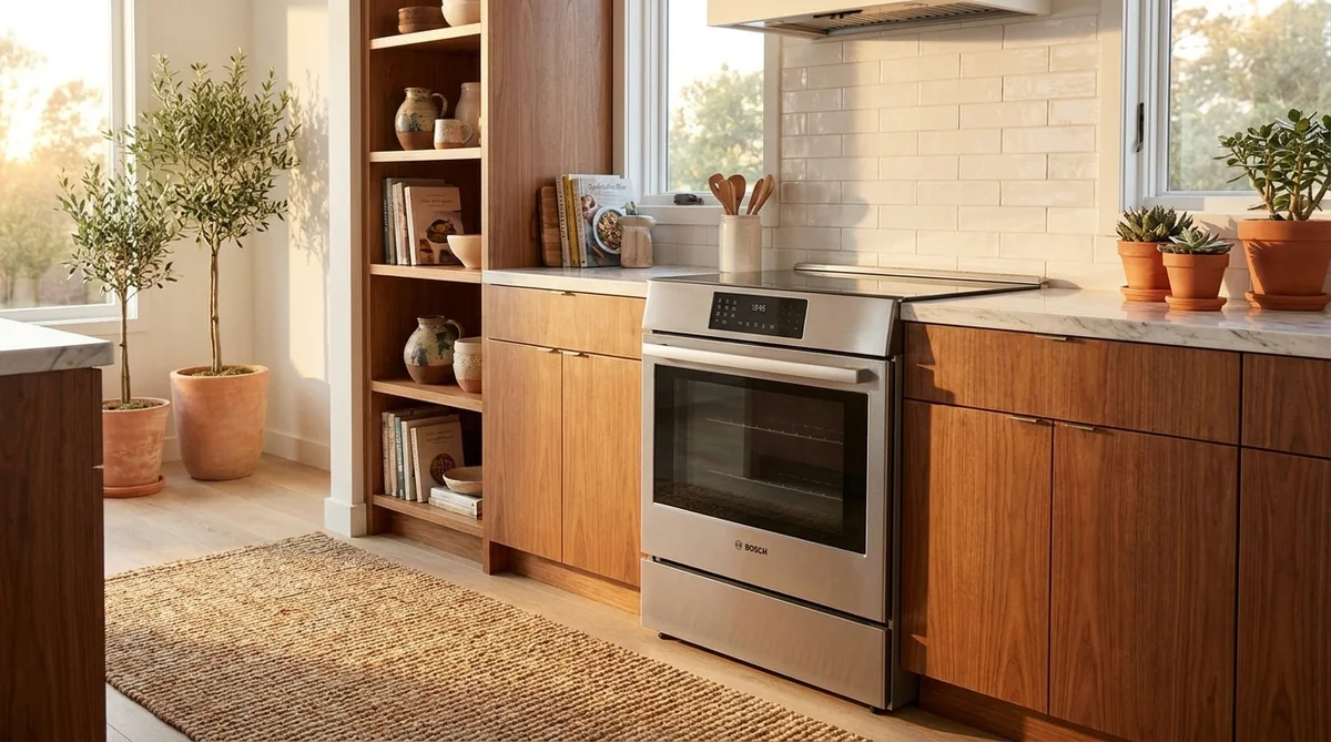Bosch HII8057U stainless steel induction range in a styled kitchen