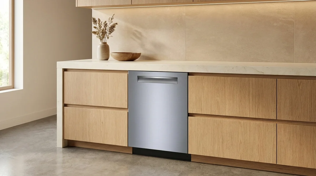 Bosch SHP65DM5N dishwasher in a warm open kitchen for quiet 44 dBA operation