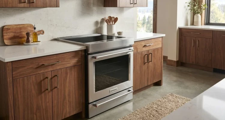 Stainless steel induction range in a warm modern kitchen