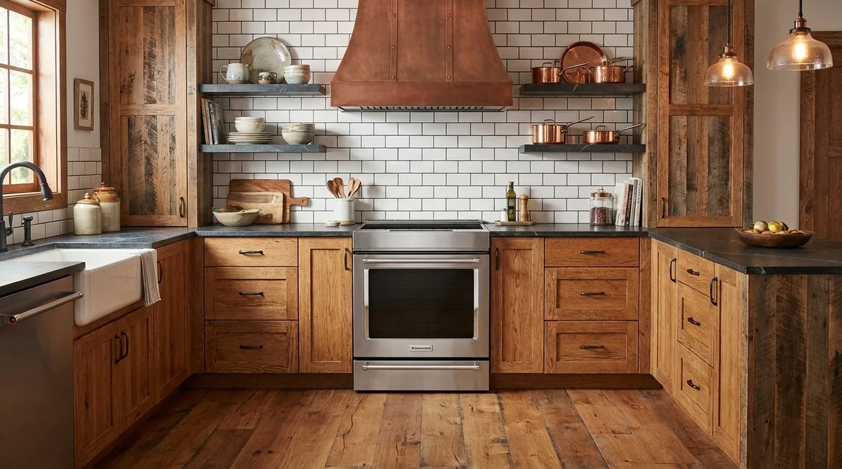 KitchenAid KSIS730PSS induction range in a modern rustic kitchen
