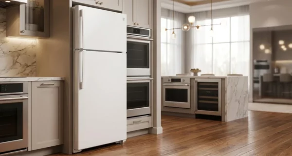 White GE GTS18HGNRWW top-freezer refrigerator in a luxury appliance showroom