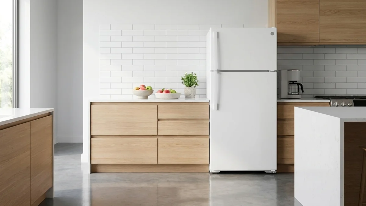 White GE GTS18HGNRWW top-freezer refrigerator in a minimalist kitchen with light wood cabinets