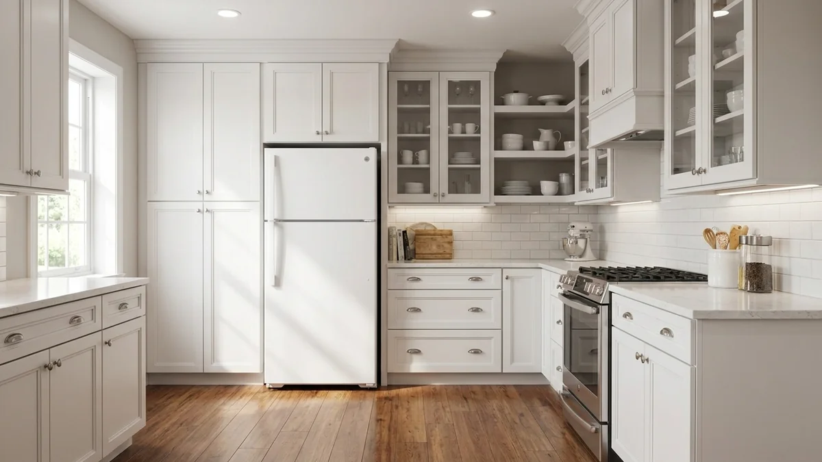 White GE GTS18HGNRWW top-freezer refrigerator in a transitional kitchen with white cabinets