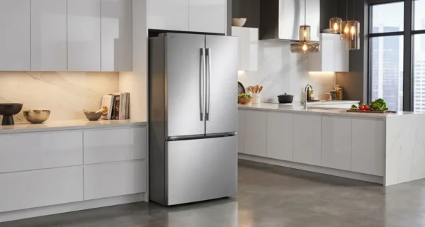 LG LF25H6200S stainless French-door refrigerator in a bright modern showroom kitchen