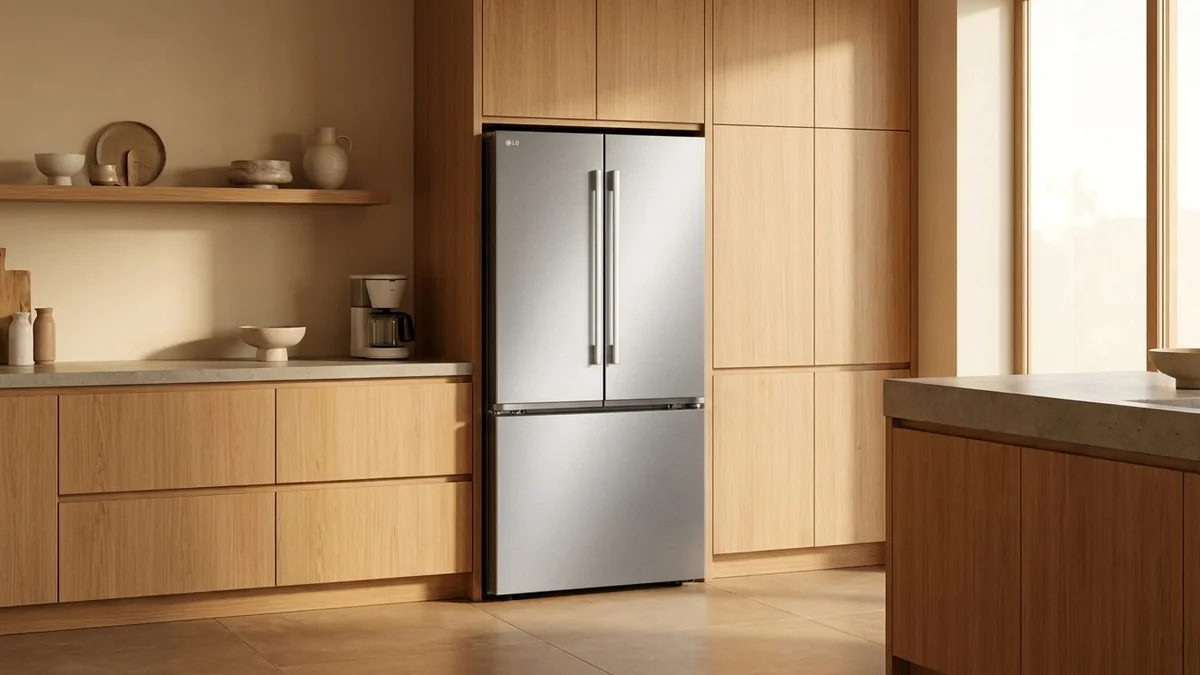 LG LF25H6200S stainless French-door refrigerator set into warm wood kitchen cabinets