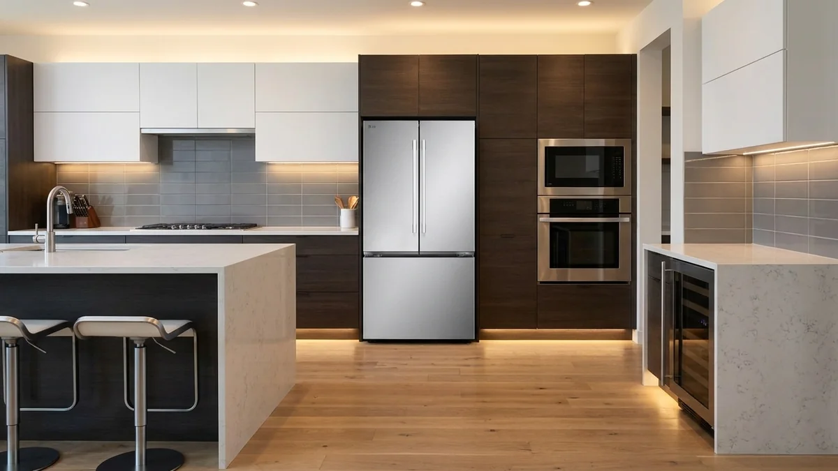 LG LF25H6200S stainless French-door refrigerator centered in a contemporary kitchen