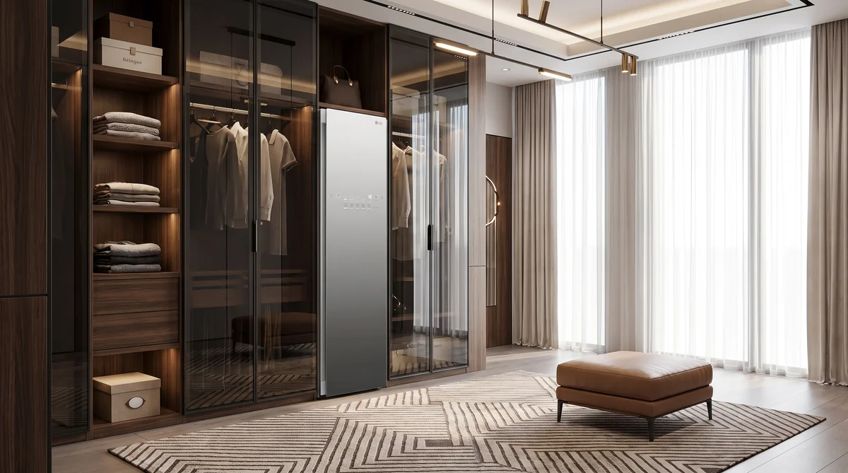 LG Styler S3MFBN narrow mirror steam closet in a bedroom dressing area