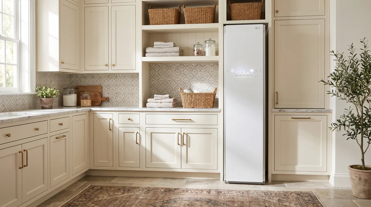 LG Styler S3WFBN white narrow steam closet in a laundry room
