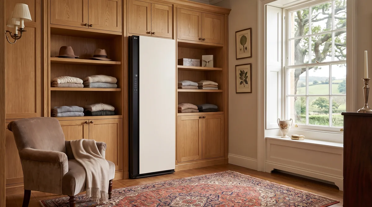 LG Styler SC5MAR4G beige five-hanger steam closet in a dressing room