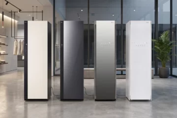 Four LG Styler steam closets in beige, dark mirror, mirror, and white finishes