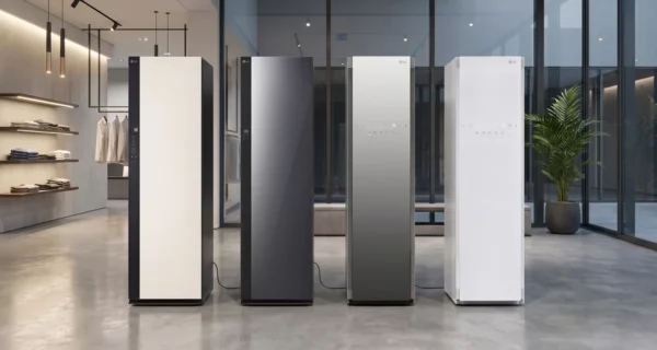 Four LG Styler steam closets in beige, dark mirror, mirror, and white finishes