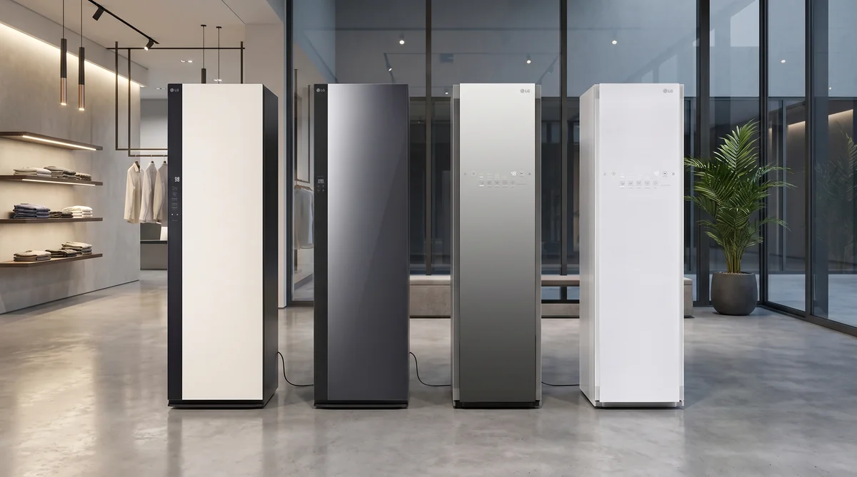 Four LG Styler steam closets in beige, dark mirror, mirror, and white finishes