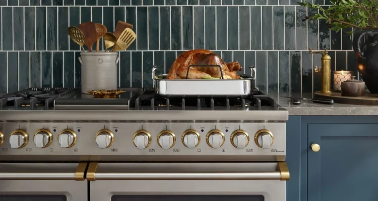 Roast turkey in a pan on a stainless steel Viking range in a blue-green kitchen