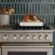 Roast turkey in a pan on a stainless steel Viking range in a blue-green kitchen