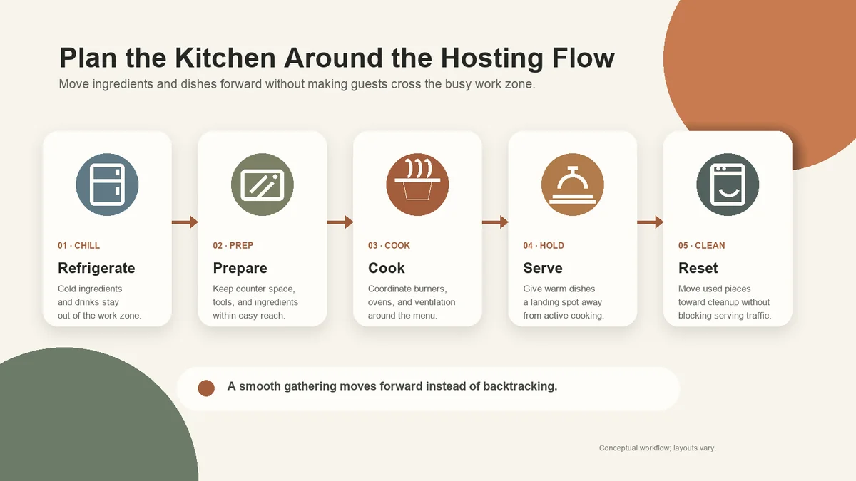 Five-step kitchen workflow graphic: refrigerate, prepare, cook, serve, and reset