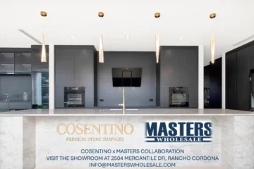 Cosentino and Masters Wholesale collaboration graphic in a modern stone-surface kitchen