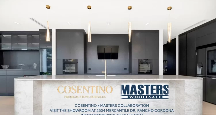 Cosentino and Masters Wholesale collaboration graphic in a modern stone-surface kitchen