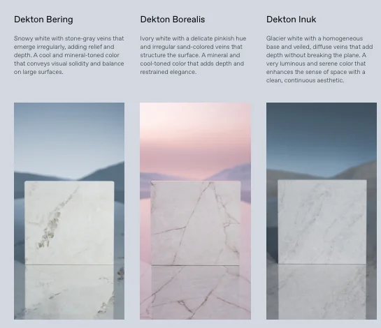 Cosentino Artik Nodes samples labeled Dekton Bering, Borealis, and Inuk