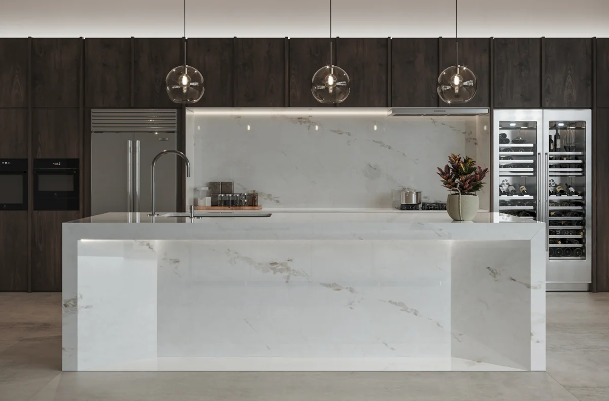 Dekton kitchen with a veined waterfall island and matching backsplash