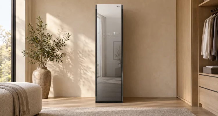 Mirrored LG S3MFBN Styler in a warm dressing room with plaster walls and pale oak cabinetry