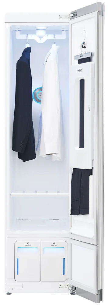 Open LG S3MFBN showing hanging garments and trousers in the door compartment