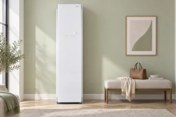 White LG S3WFBN Styler beside a linen bench against a sage wall in a sunlit dressing room