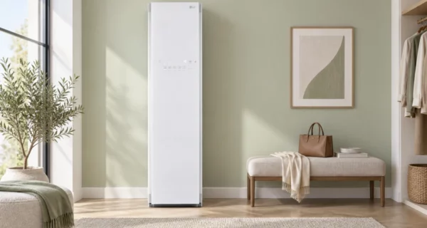 White LG S3WFBN Styler beside a linen bench against a sage wall in a sunlit dressing room