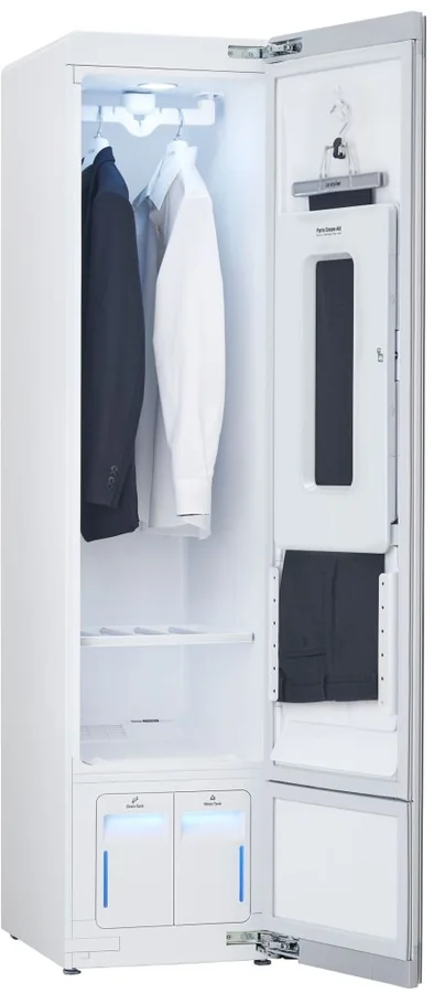 Open white LG S3WFBN with hanging garments and pants held inside the door
