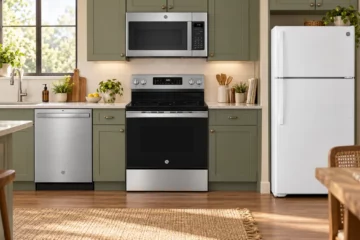 AI-generated kitchen illustration with a microwave, dishwasher, electric range and white top-freezer refrigerator.