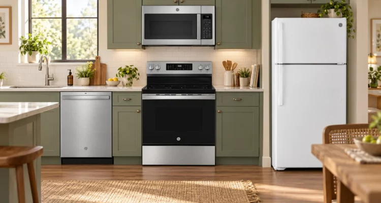 AI-generated kitchen illustration with a microwave, dishwasher, electric range and white top-freezer refrigerator.