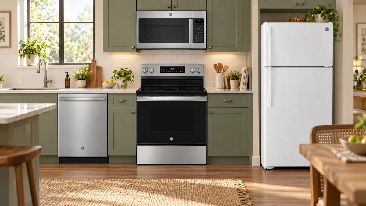 AI-generated kitchen illustration with a microwave, dishwasher, electric range and white top-freezer refrigerator.
