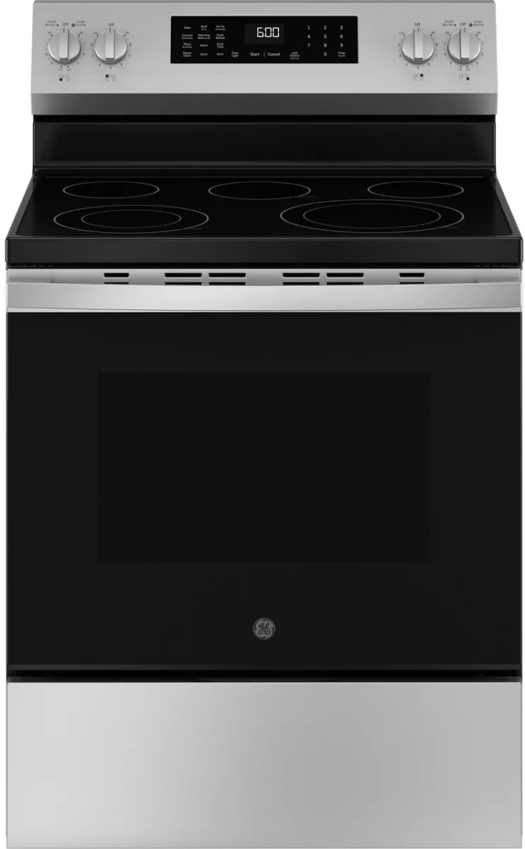 GE GRF600AVSS freestanding electric range with a black radiant cooktop.