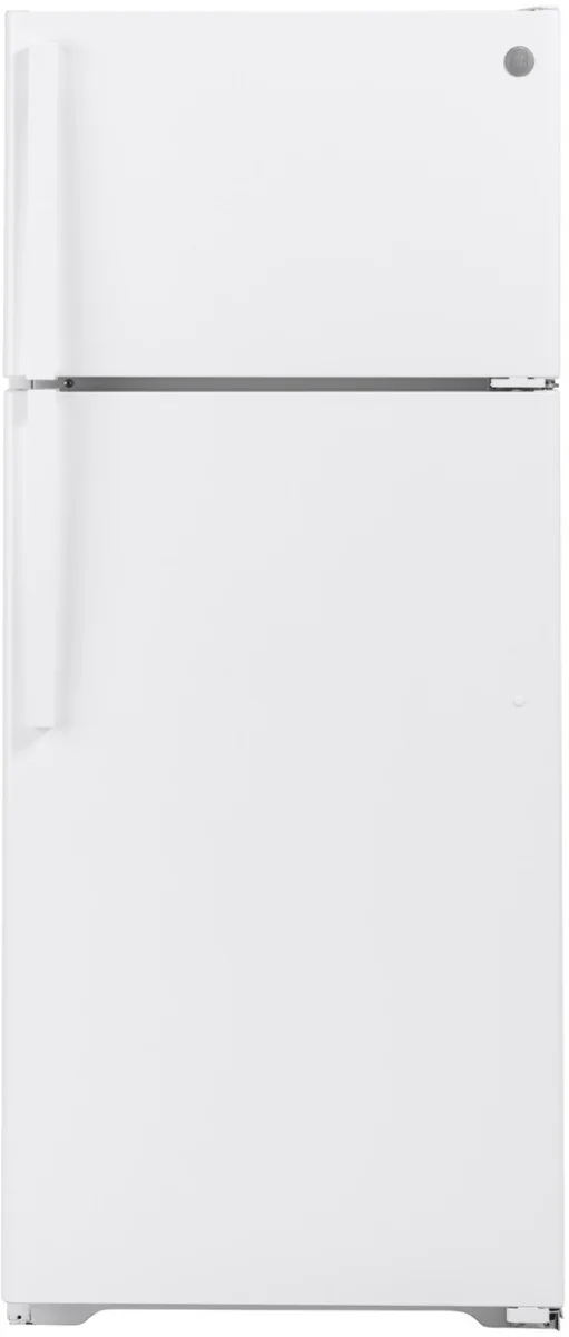 GE GTS18HGNRWW white top-freezer refrigerator.