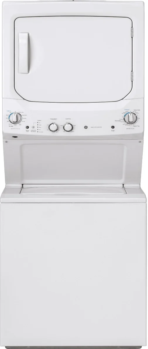GE GUD27ESSMWW unitized laundry center combines a washer and electric dryer.