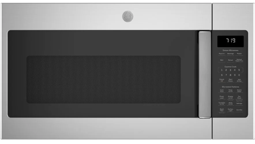 GE JVM7195SKSS over-the-range microwave in stainless steel.