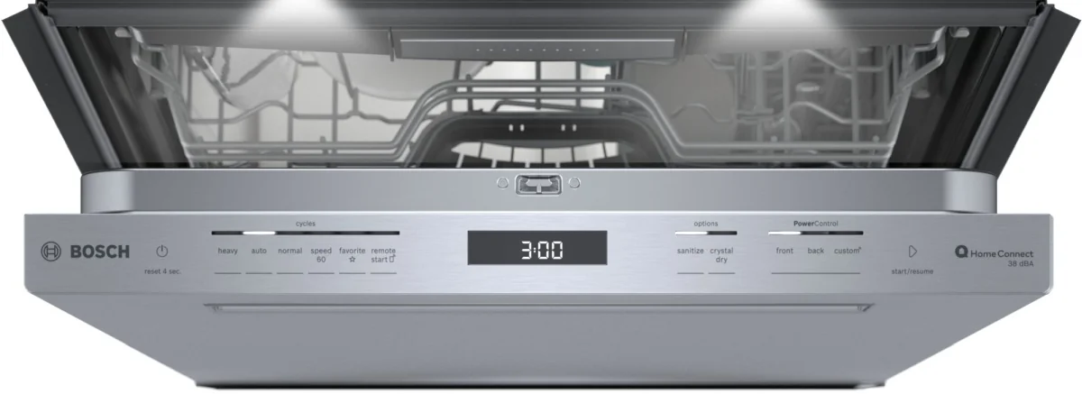 Bosch SHP9PCM5N top controls showing Sanitize, CrystalDry, PowerControl and Home Connect