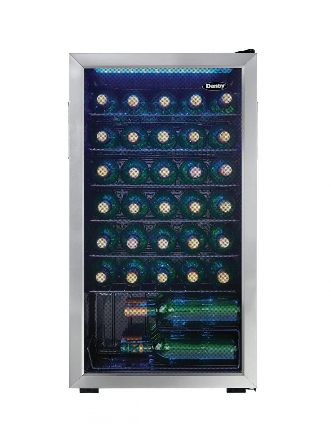 Danby DWC036A1BSSDB-6 freestanding wine cooler with bottles on wire shelves
