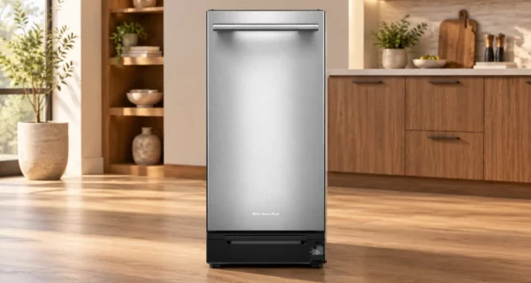 KitchenAid KTTP515TSS stainless trash compactor displayed in an illustrative wood-cabinet kitchen showroom