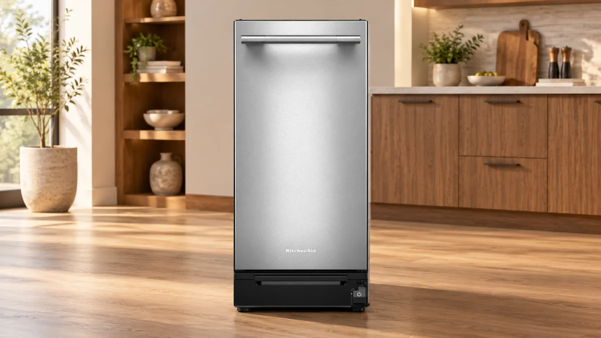 KitchenAid KTTP515TSS stainless trash compactor displayed in an illustrative wood-cabinet kitchen showroom