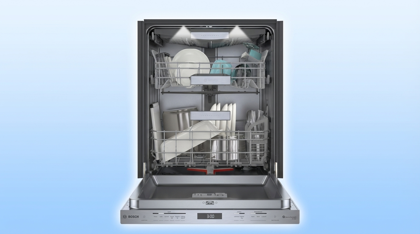 Bosch SHP9PCM5N dishwasher with loaded racks and open door