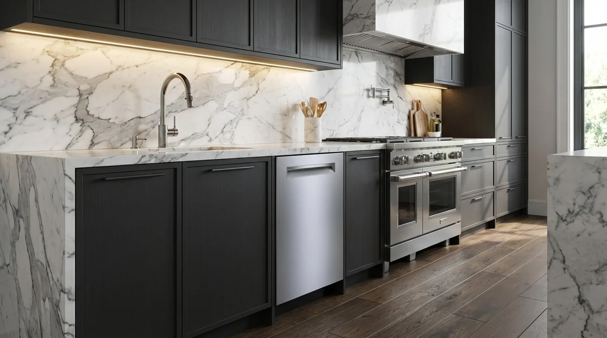 Stainless pocket-handle dishwasher installed under a counter in a contemporary kitchen