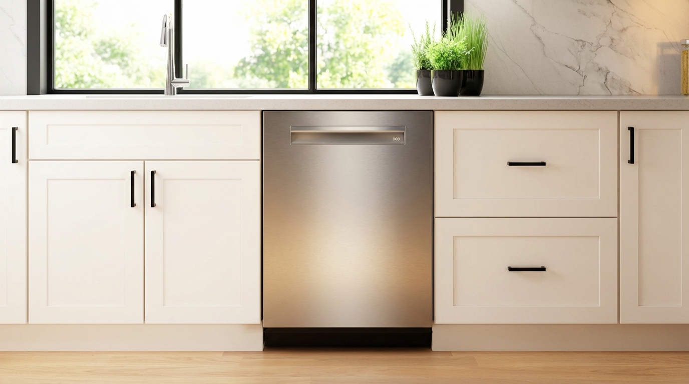 Bosch Benchmark SHP9PCM5N installed in a white-cabinet kitchen