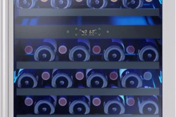 Zephyr Brisas BWN24C02AG wine cooler with wine bottles on black wire racks