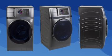 Three views of the GE Profile PFQ97HSPVDS washer-dryer combo in dark metallic finish, shown from the front, front-side angle, and side against a blue background.