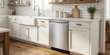Bosch 100 Series SHE41CM5N dishwasher in modern farmhouse kitchen