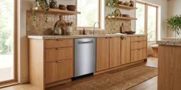 Bosch 800 Series SHP78CM5N dishwasher with pocket handle in organic modern kitchen